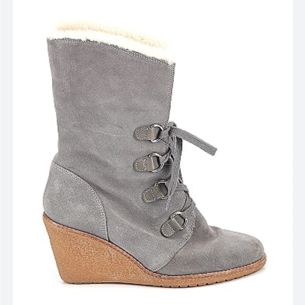 Cole Haan Air Michelle Waterproof Suede with Sherling Wedge Boots Grey, size 10